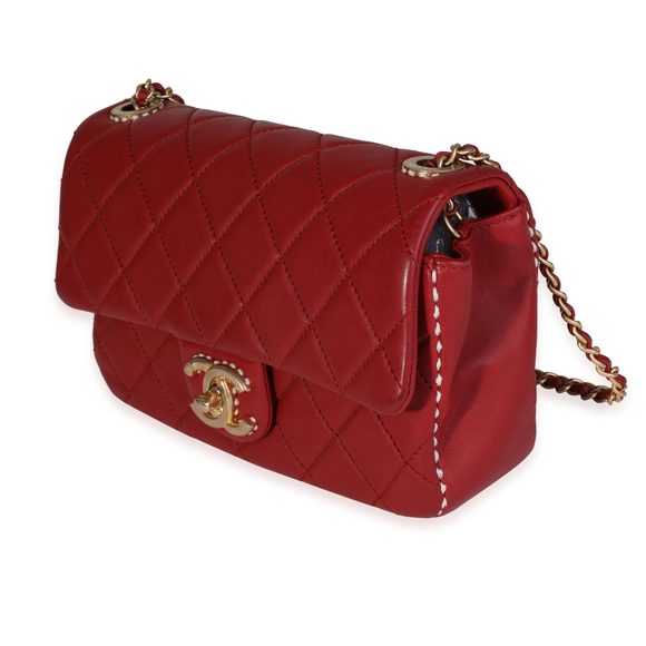 Chanel Red Quilted Lambskin Small Stitched Single Flap Bag - Picture 2 of 8